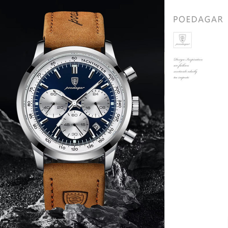 Relógio Masculino POEDAGAR® Luxo - Design Esportivo com Couro Genuíno, Cronógrafo e Resistência à Água