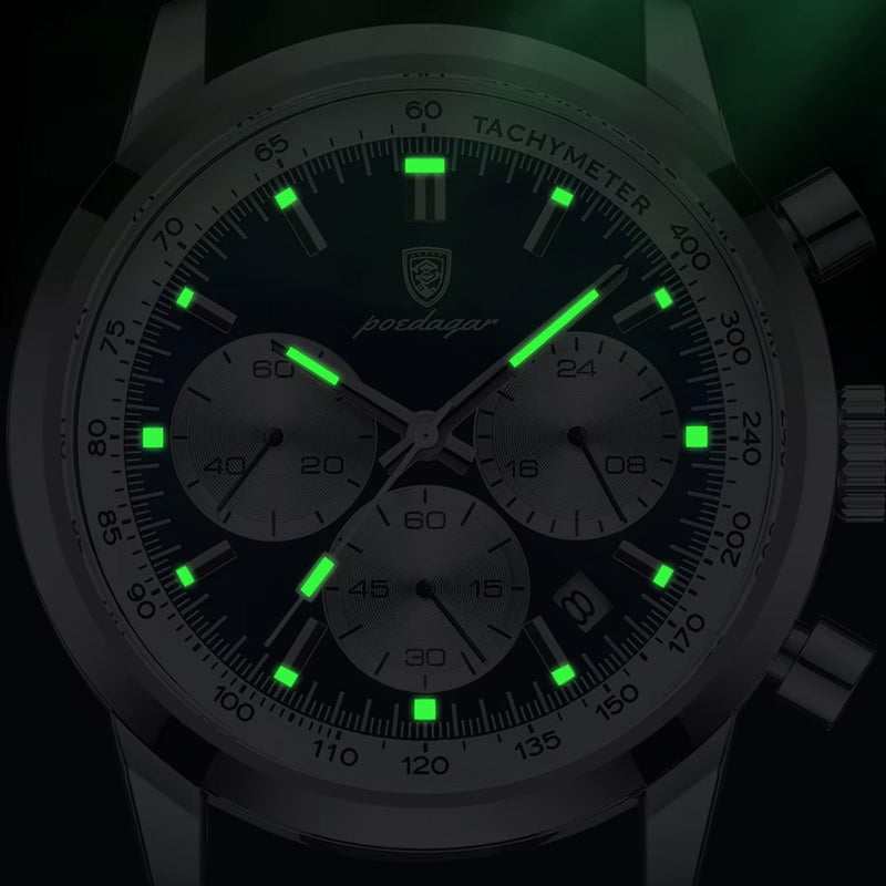Relógio Masculino POEDAGAR® Luxo - Design Esportivo com Couro Genuíno, Cronógrafo e Resistência à Água